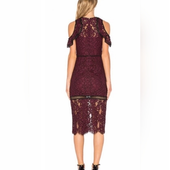 Alexis X Revolve Evie Lace Ruffle Midi Dress Burgundy Cold Shoulder Size XS - Picture 2 of 16